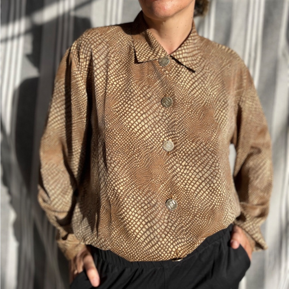 Emanuel by Emanuel Ungaro Silk Linen Button Down Shirt Reptile Print M